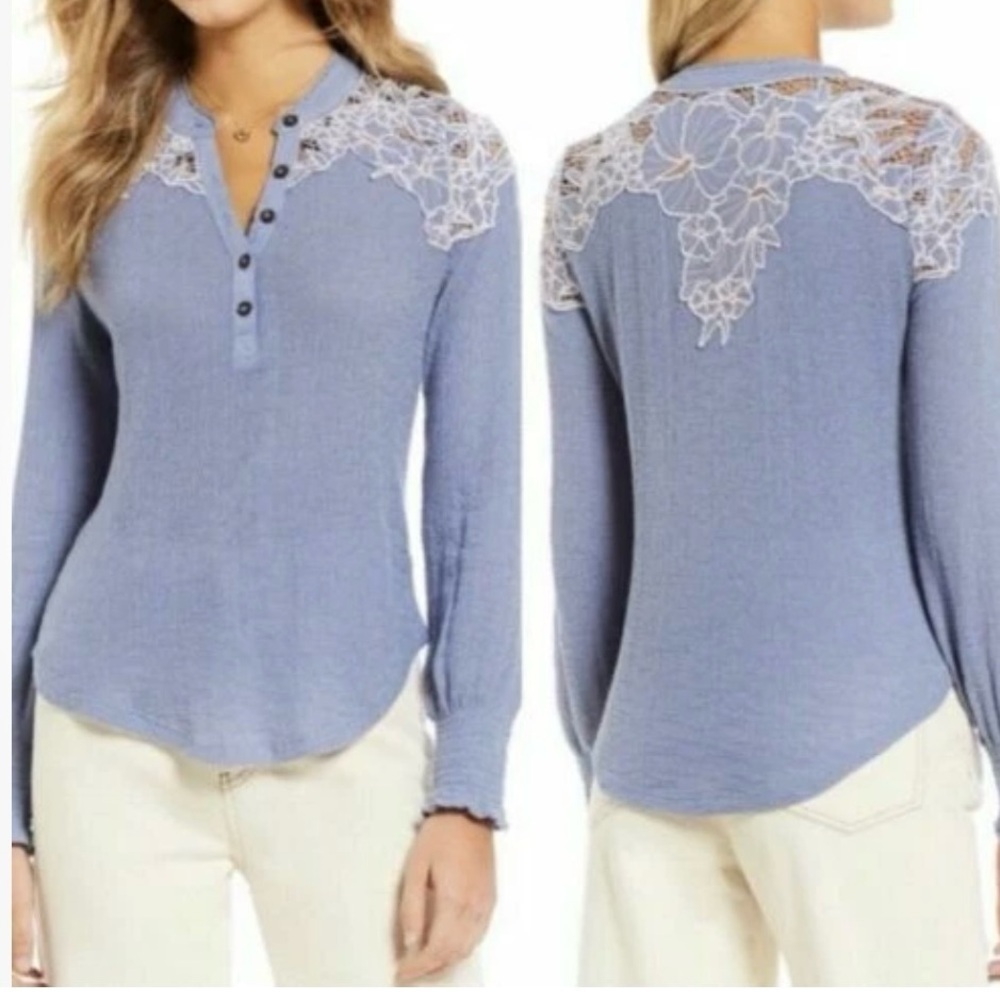 Free People Lavender Blue Lace-Yoke Henley Top
